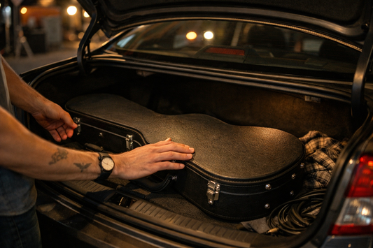 A guitar case stored in the boot of a car after a concert